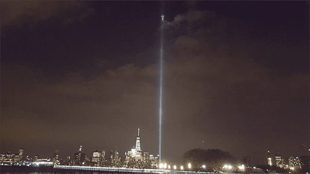 Image showing a figure resembling an angel in the Tribute in Light memorial beams