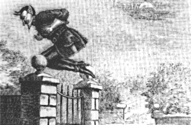Illustration of Spring-Heeled Jack, a mysterious figure with claws and glowing eyes