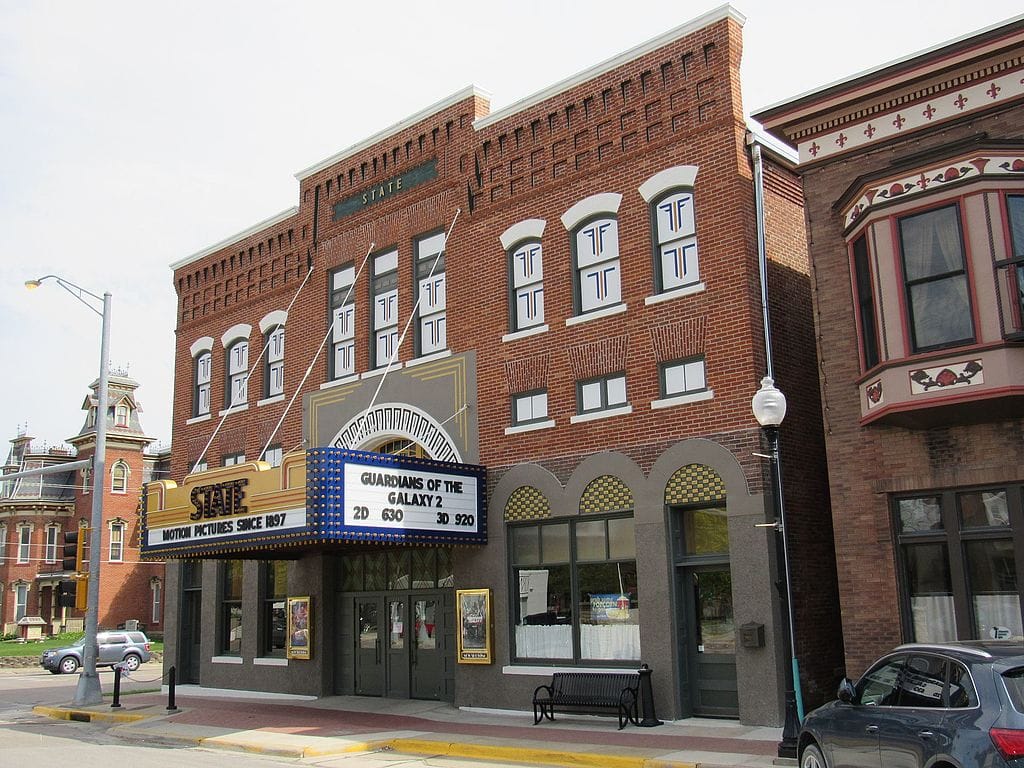 Exterior of the State Theater, the world's oldest continuously operating movie theater in Washington, Iowa