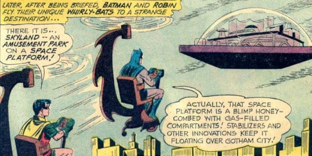 Batman flying the Whirly-Bat, a small one-man helicopter