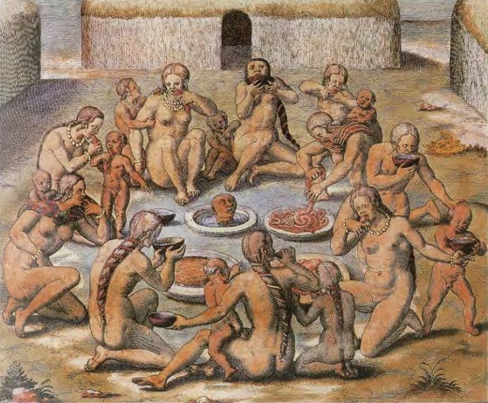 Theodore de Bry's illustration of Native Americans engaging in a cannibalistic ritual