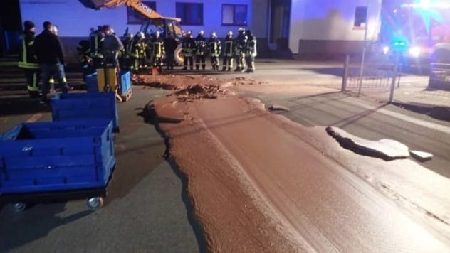 Street in Westonnen, Germany, covered in a thick layer of solidified chocolate