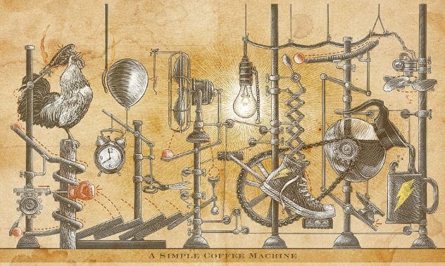 A detailed Rube Goldberg style coffee machine depicted in an artwork by Clint Hansen.