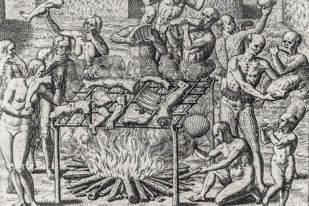 16th-century illustration depicting Tupinambá cannibalism in Brazil