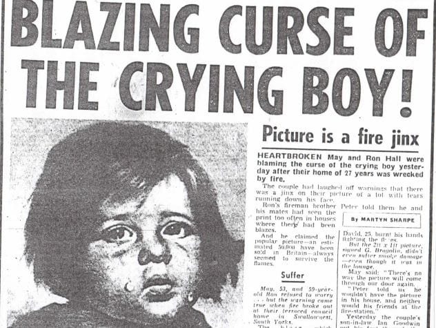 A newspaper front page featuring the Crying Boy curse story