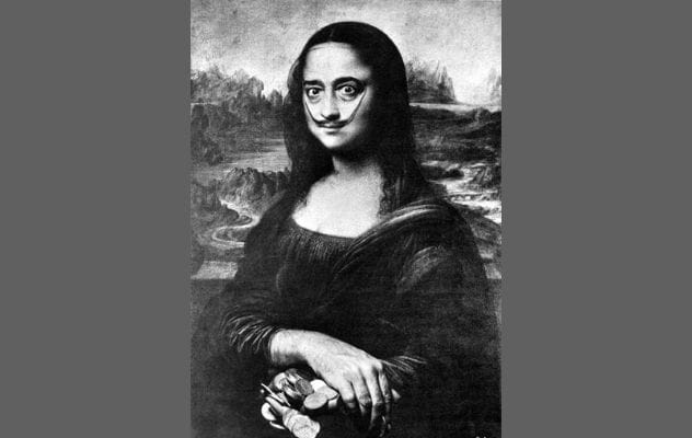 Salvador Dali's Self Portrait as Mona Lisa, featuring his face and mustache.