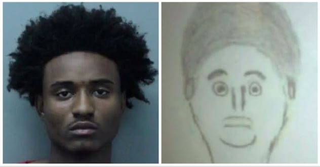 Cartoonish police sketch of Deandre Charles next to his mugshot.