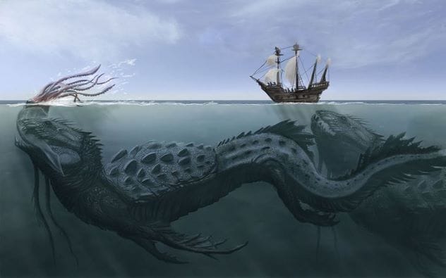 A depiction of the Hafgufa, a colossal sea monster from Icelandic folklore, often mistaken for an island.