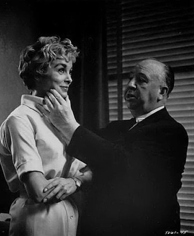 Alfred Hitchcock directing Janet Leigh in Psycho