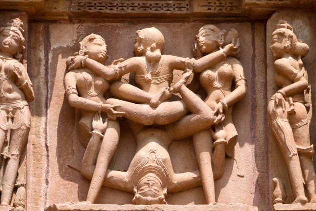Erotic carvings on the walls of the Khajuraho temples in India.