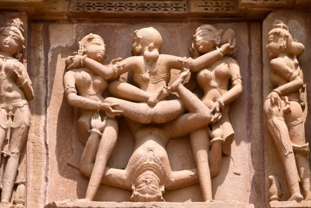 Erotic carvings on the walls of the Khajuraho temples in India.