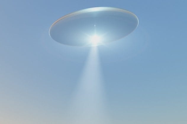 Depiction of a bright light beam entering a home from a UFO