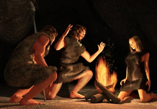 Stylized image of prehistoric cave paintings depicting humans.