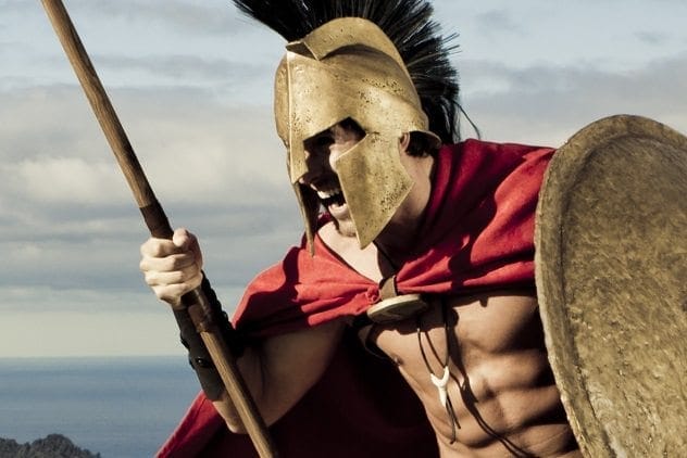 Illustration of Spartan warriors shouting in an assembly