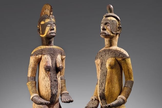 A pair of Igbo sacred art objects on display