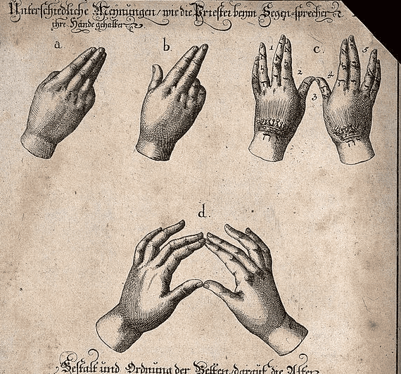 Illustration depicting Fray Melchor de Yebra or early fingerspelling charts.