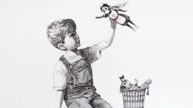 Banksy's painting showing a boy playing with an NHS nurse doll as a superhero.
