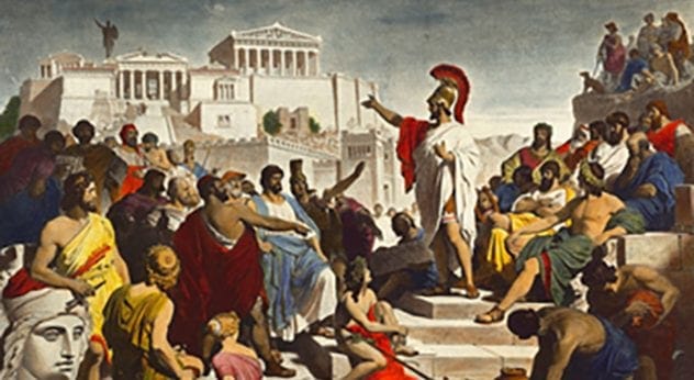 Depiction of ancient Greek citizens participating in democracy