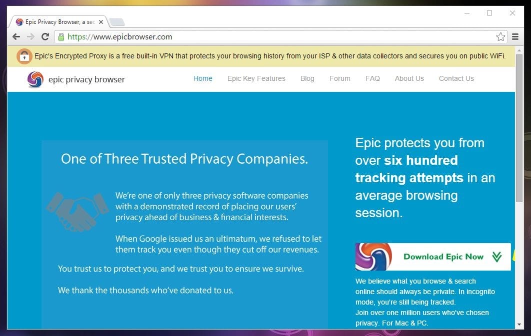 Epic Privacy Browser Interface