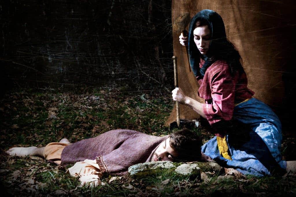 Jael hammering the stake into Sisera's head