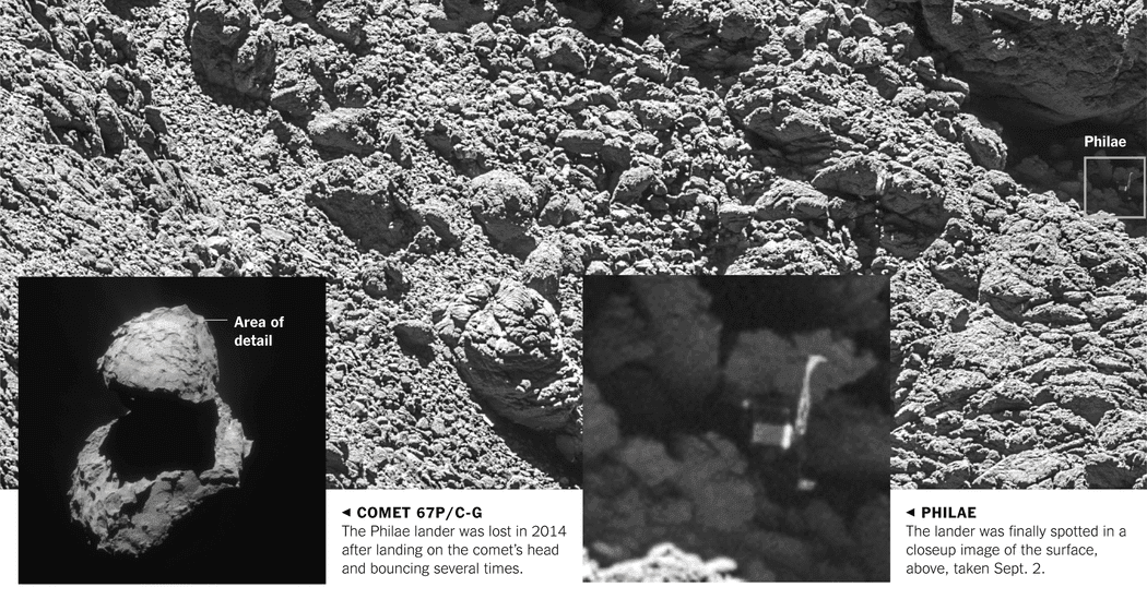 Philae lander wedged in a comet crevice