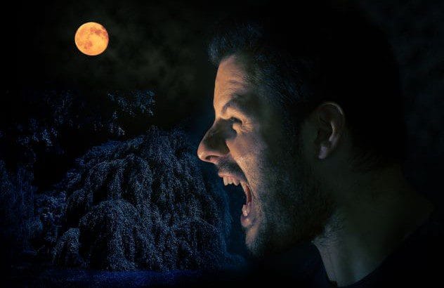 Silhouette of a man howling at a full moon
