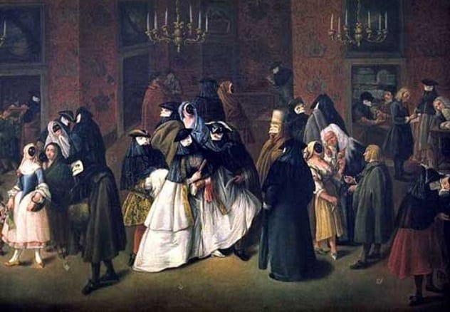 Painting of a Renaissance masquerade ball with masked figures.