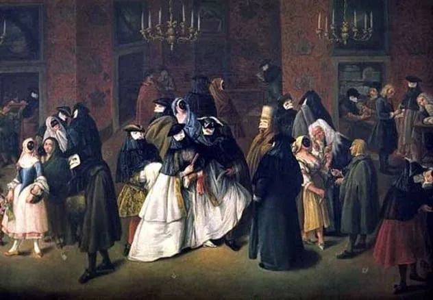 Painting of a Renaissance masquerade ball with masked figures.