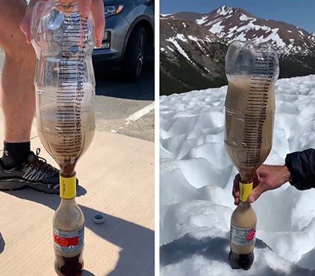 Mentos and Coke explosion on a mountain