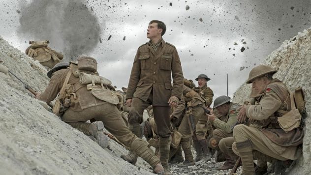 Scene from a war movie depicting intense gunfire and combat