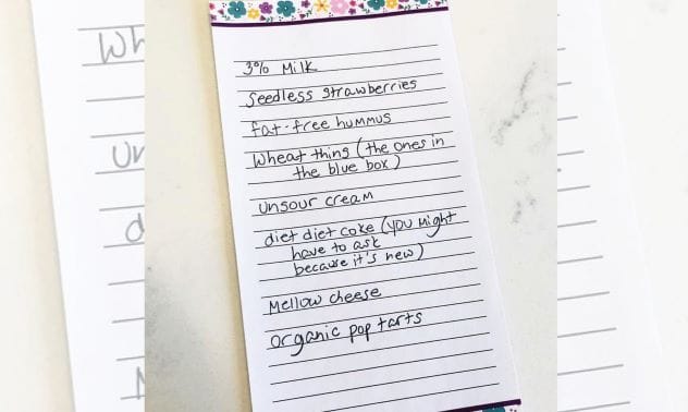 Handwritten grocery list filled with absurd and non-existent items