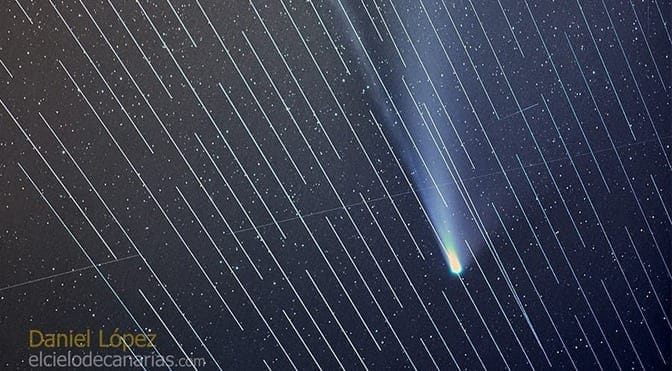Starlink satellites streaking across an image of NEOWISE