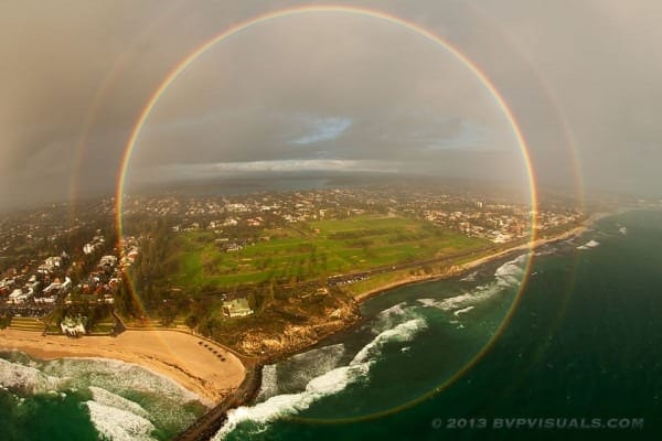 Helicopter view of a full-circle rainbow