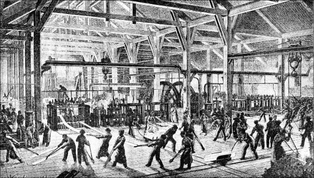 Illustration of a 19th-century rolling mill, representing Charles Peace's early workplace accident.