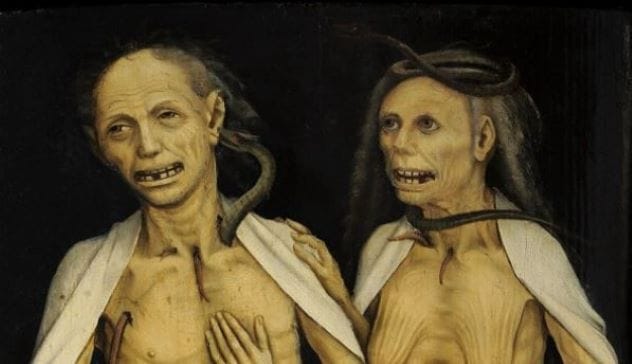 The Dead Lovers, also known as The Rotting Pair, an oil painting showing two decaying corpses intertwined, being consumed by snakes and insects.