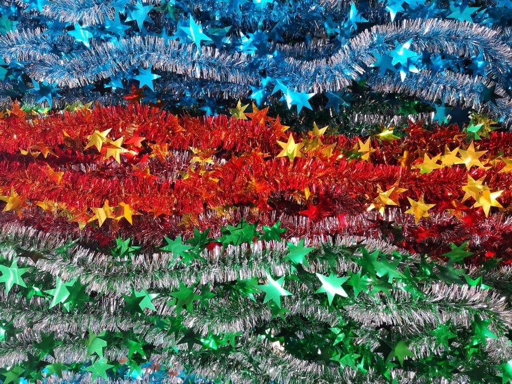 shiny silver tinsel on a Christmas tree