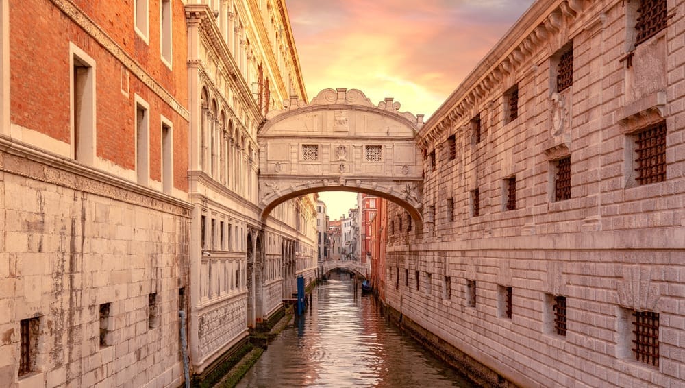The Bridge of Sighs in Venice, Italy, connecting two buildings over a canal