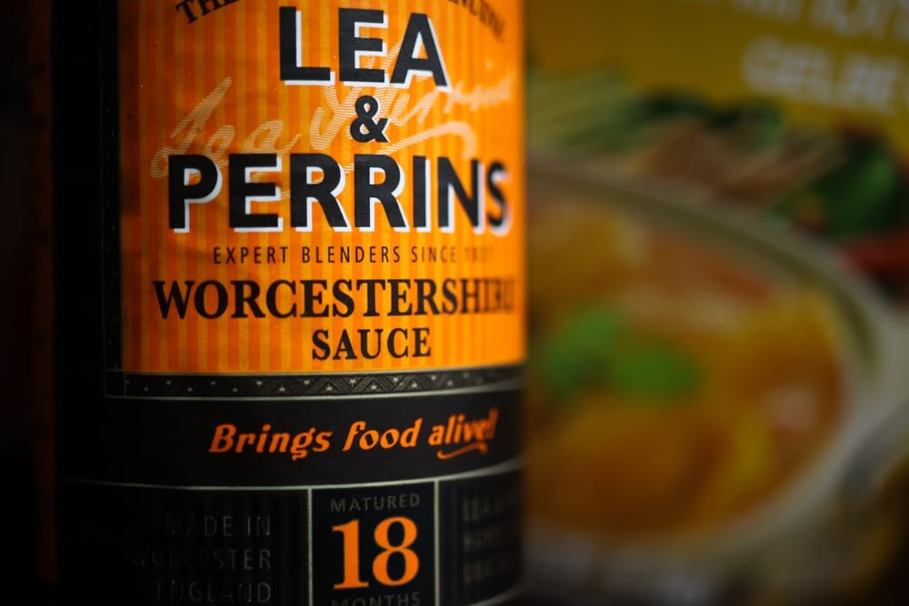 Bottle of Worcestershire sauce with ingredients