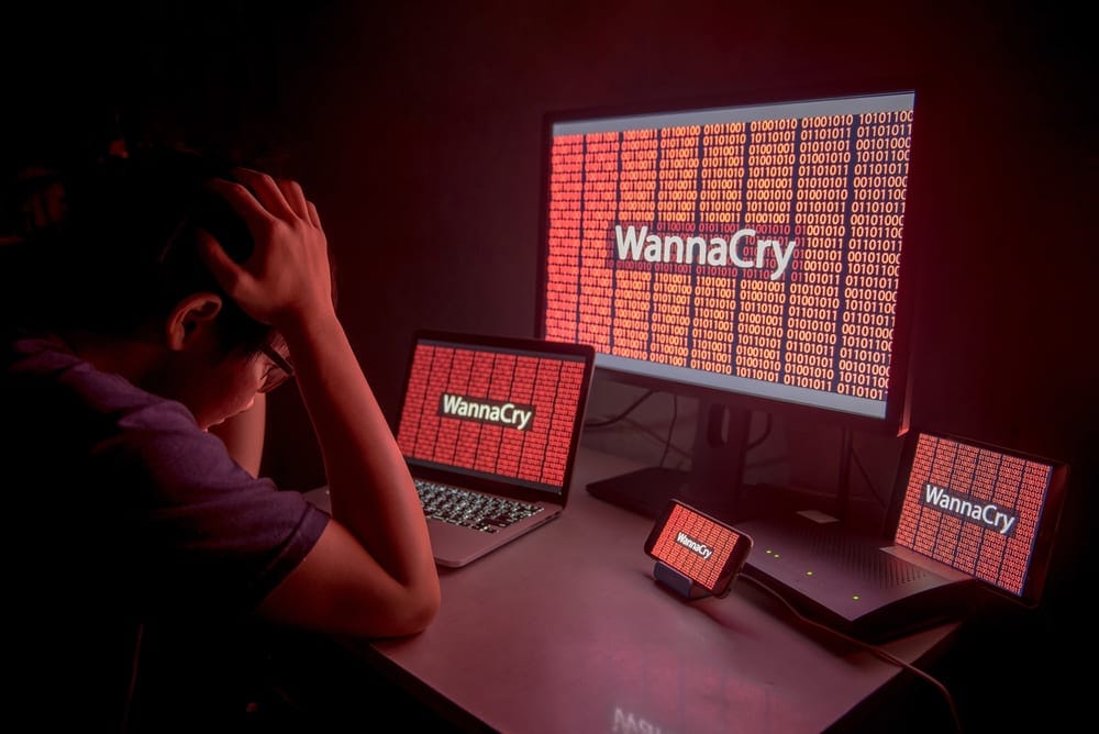 Computer screen displaying WannaCry ransomware