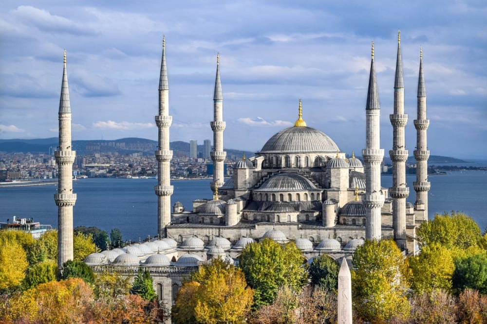 Interior of the Blue Mosque in Istanbul showing blue tiles