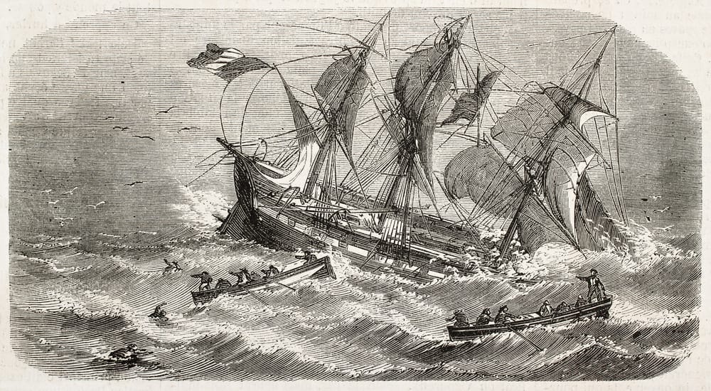 Illustration of a dramatic shipwreck scene