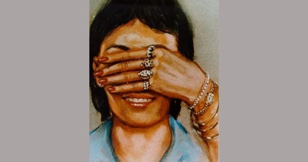 Police sketch of Cheryl Bowman, with her hand covering the top half of her face, smiling.