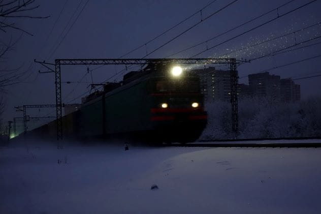 Soviet train on tracks at night, site of a bizarre UFO encounter