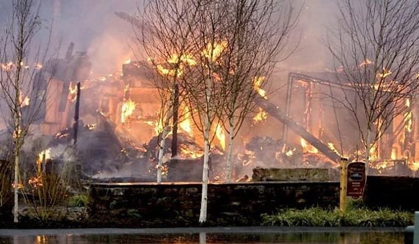 Aftermath of an arson attack, symbolizing environmental protest
