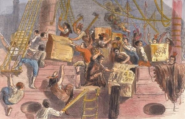 Illustration of the Boston Tea Party with colonists throwing tea overboard