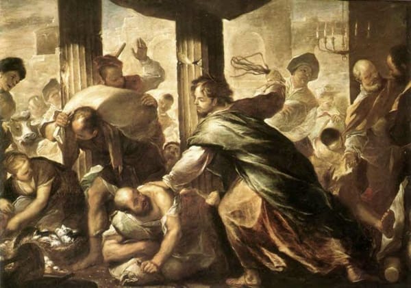 Painting depicting Jesus Christ cleansing the Temple in Jerusalem