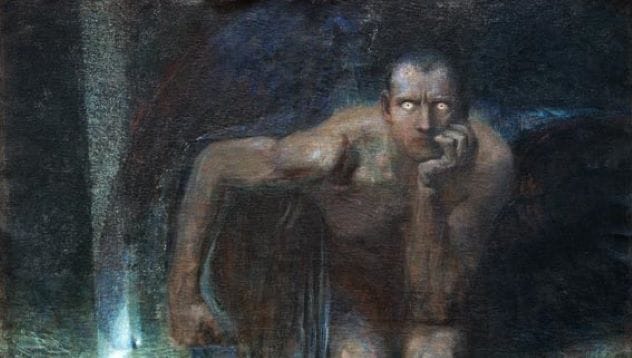 Lucifer by Franz Von Stuck, an oil painting showing a dark, brooding figure of Lucifer with intensely staring, luminous eyes.