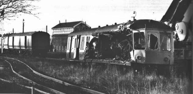 Damaged train after a railway collision