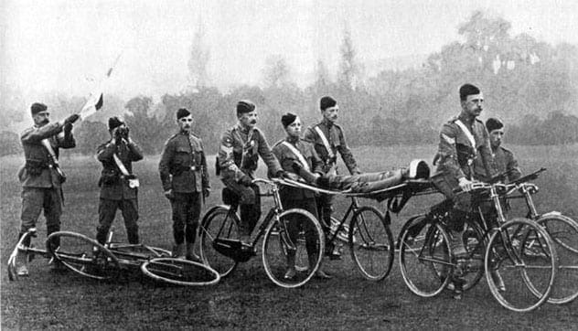 World War 1 bicycle ambulance with soldier